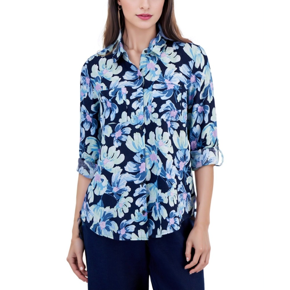 Charter Club Linen Floral Button Down‎ Shirt Womens Petite Large Breezy Summer